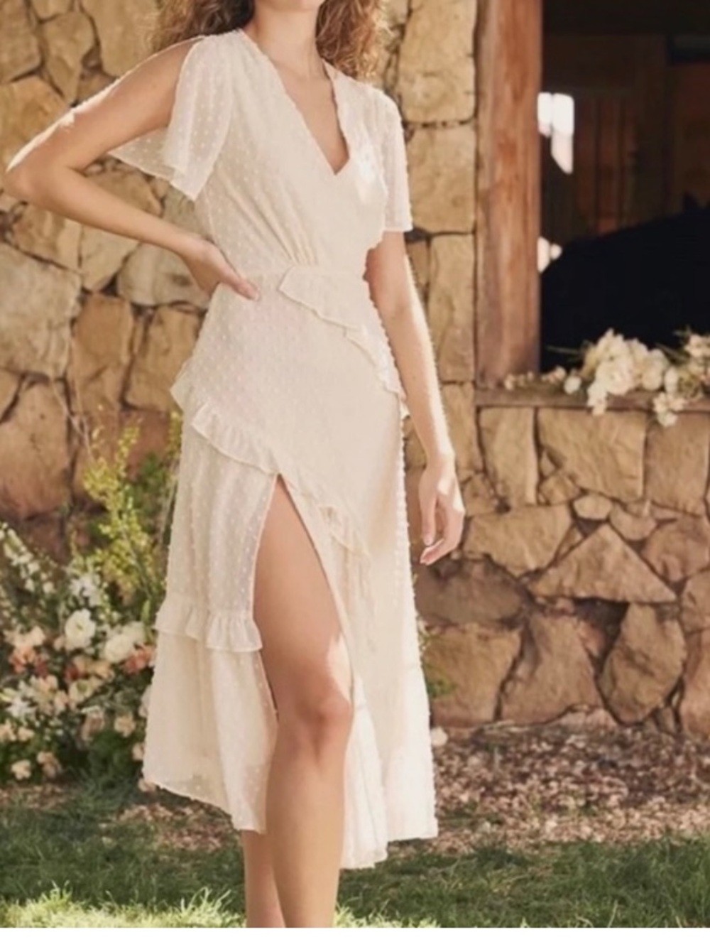 Lulus Next to you Cream Swiss dot ruffle midi dress